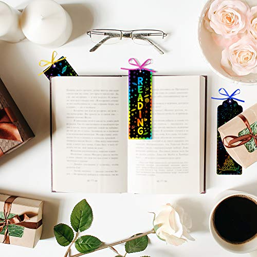 Koogel 48Pcs Art Bookmarks for Kids, 3 Kinds Craft Bookmarks Scratch Art Party Favor Rainbow Bookmark for Childrens Painting Art Creation Painting Teaching