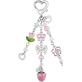 Pink Flower Strawberry Keychains Bow Key Chains Women Cute Keychain Charms Kawaii Flower Keychain Accessories Bag Charms for Handbags Tote Bags Heart Star Bowknot Floral Purse Charm Car Key Chain