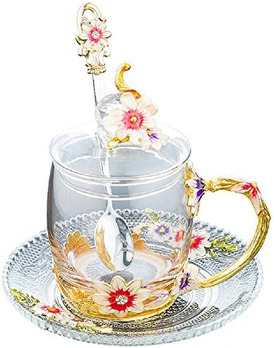 Amazon Co Jp ガラスティーカップコーヒーマグ手芸3 Dヴィンテージフラワーカップとふたコースターとティースプーン ユニークなデイジーエナメルデザイン 最高のギフト装飾 3 Ml Diy 工具 ガーデン