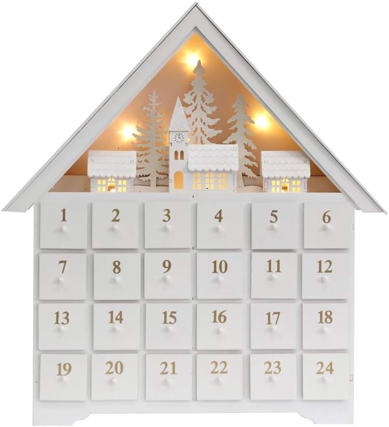 Advent Calendars - PIONEER-EFFORT Christmas Wooden Advent Calendar House with 24 Drawers, Countdown to Christmas for Kids, LED Home Decoration, L16.25 x H17.9 x T2.87 inches, Battery Operated