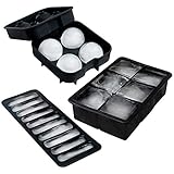 Ice Molds for Whiskey - Set of 3 Silicone Ice Molds -3 Designs - Sphere Ice Ball Maker with Funnel, Cylindrical Ice Tray, and Square Perfect for Cocktail Parties, Reusable, Food Grade, BPA-Free, Black