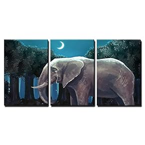 3 Piece Canvas Wall Art - Illustration of White Rabbit Bunny Talking with a Sad Elephant in The Forest Night Scene - Modern Home Art Stretched and Framed Ready to Hang - 16"x24"x3 Panels