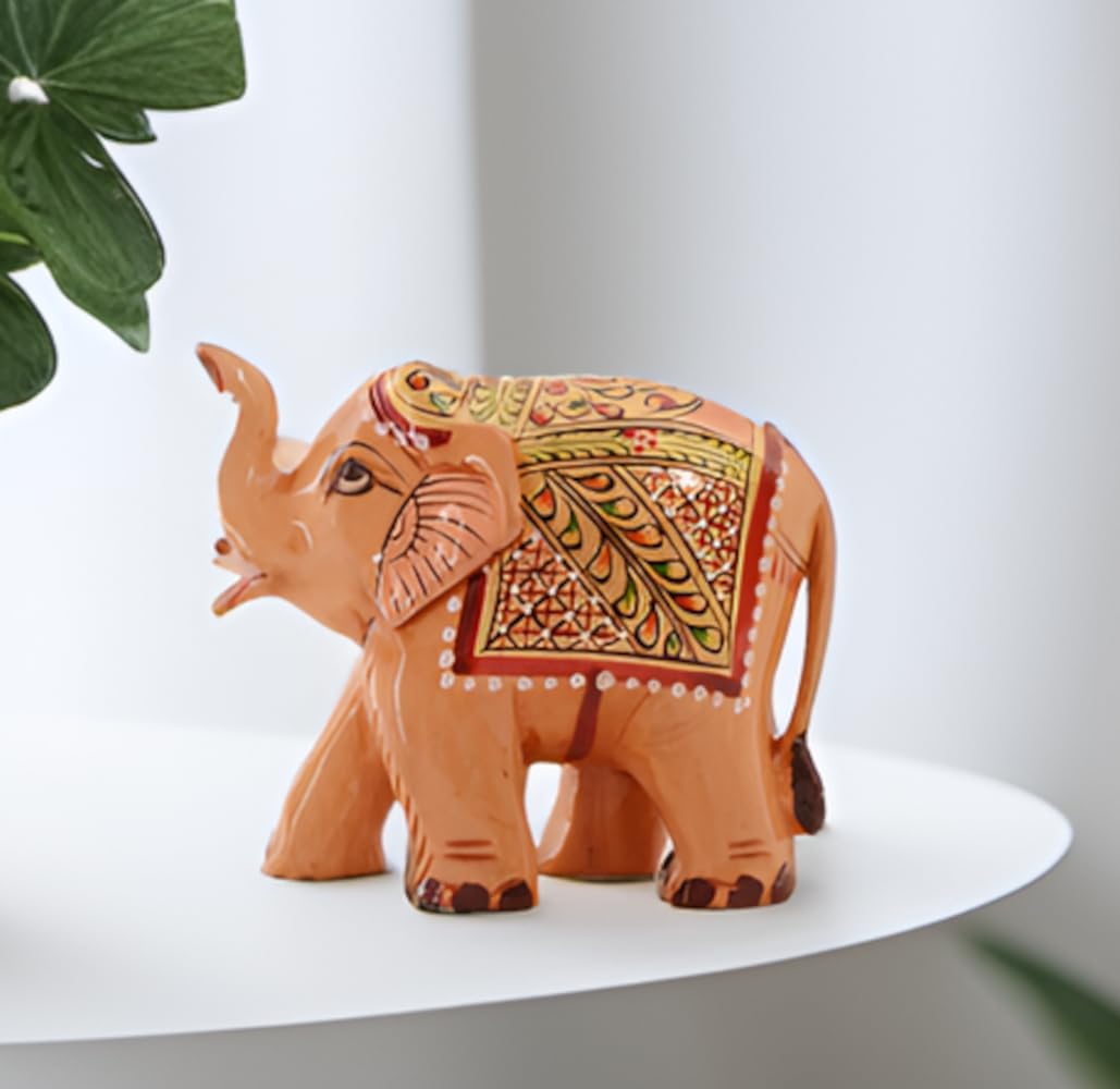 Purpledip Wooden Elephant With Beautiful Fine Gold Painting; Miniature Idol Gift (11258)