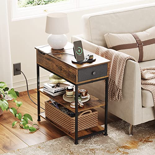 WLIVE Flip Top Side Table with Charging Station, Narrow End Table with