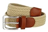 Womens Braided Elastic Fabric Woven Stretch Belt Leather Inlay (Beige, Medium)