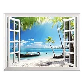 Removable Wall Sticker/Wall Mural - Boat on The Oceanside | Creative Window View Wall Decor - 24"x32"