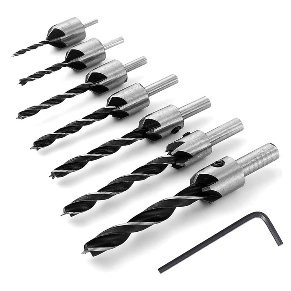 Mesee 7 Pieces HSS Countersink Drill Bit Set 3mm 4mm 5mm 6mm 7mm 8mm 10mm High Speed Steel Counter Sink Bits Carpentry Chamfer Reamer Woodworking Chamfering Tool
