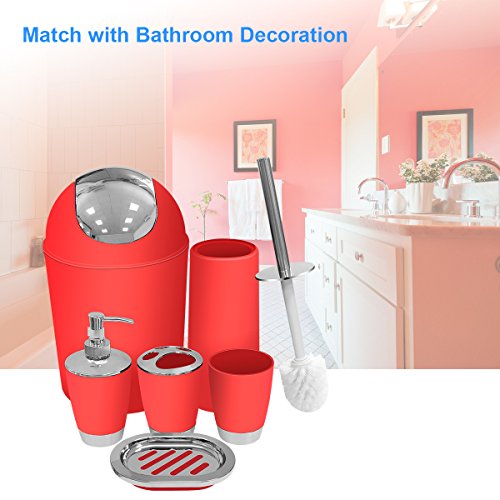 Red Bathroom Accessories Set 6 Pieces Plastic Bathroom Accessories Toothbrush Holder, Rinse Cup, Soap Dish, Hand Sanitizer Bottle, Waste Bin, Toilet Brush with Holder