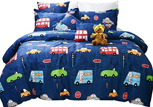 Brandream Kids Bedding Set Full Queen Size Cotton Boy Blue Cars Trucks Bedding Sets Toddler Duvet Cover Set 3-Piece Zipper Closure(No Comforter Included)