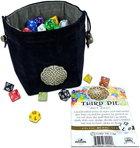 Third Die Dice Bag - Celtic Medal Series - Handcrafted, Reversible Drawstring Dice Bag That Stands Open On The Table And Closes Tight - Complex Knot Medallion - Black and Smoke Gray