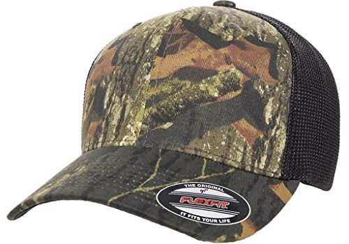 6511 Flexfit Mesh Cotton Twill Trucker Cap - OSFA (Mossy Oak Breakup/Black)