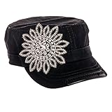 Womens Olive & Pique Military Style Cap with Large Iridescent Rhinestone Flower