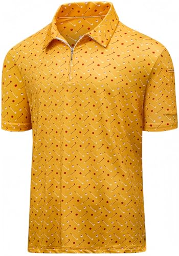 JMIERR PREMIUM GOLF SHIRTS FOR MEN MOISTURE WICKING QUICK DRY PRINT PERFORMANCE ZIPPER COLLARED POLO SHIRT, S, YELLOW