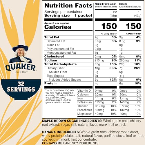 QUAKER INSTANT OATMEAL, HIGH FIBER 2 FLAVOR VARIETY (32 PACK)