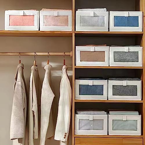 Ymlike Clothes Storage Organizer, Stackable Cotton Drawer Closet Box with Transparent Mesh Window and Handle, Store bag for Clothing, Jeans, Bras, Leggings, Sweaters, (2 Pack, Beige)