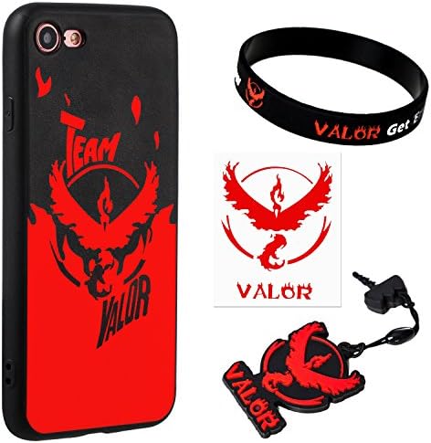 iPhone 7 Case w/ Pokemon Go [Team Valor Theme] Red (1) + Silicone Bracelet (1) + Audio Plug Charm (1) + 2"Decal