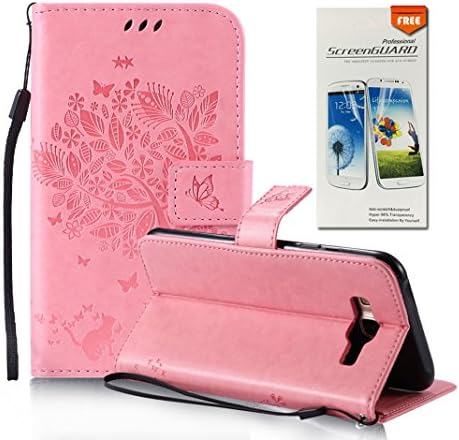 OuDu Tree&Butterfly Printing Pattern Case for Samsung Galaxy J7 2015 SM-J700F PU Leather Cover Flip Wallet Shell Stand Function Bumper with Card Slots - Pink (Gift:1 Screen Protector)