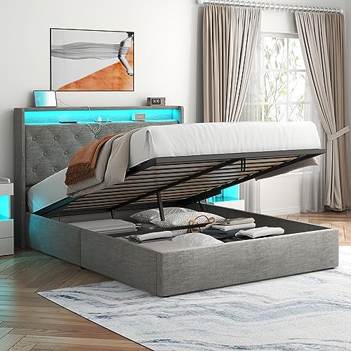 Queen Lift Up Bed Frame with Charging Station & LED Lights, Upholstered ...