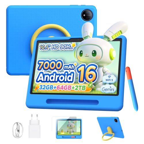 Easerush P10 Kid Tablet with Pen Silicone Case, Blue | 10 Inch Tablet with 32GB RAM+64GB ROM Tablet for Children, 90Hz Android Tablet 16 & Gemini AI, 7000mAhT310/5G WiFi/8MP+5MP