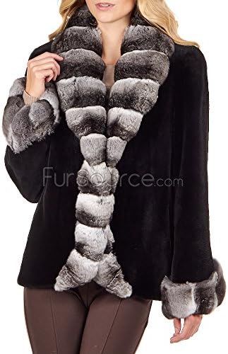 Frr Royal Black Sheared Mink Jacket with Chinchilla Trim - Small