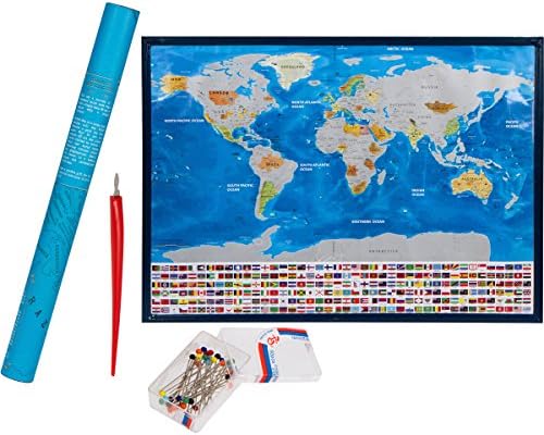 World Scratch Off Map Poster Of The World - with US States and Country Flags | Perfect Gift for Travelers | Includes Scratching Tool and Location Marking Pins