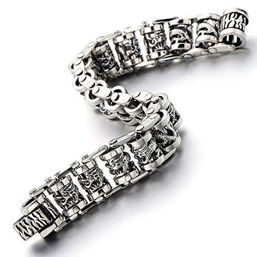 Masculine Mens Biker Dragon Link Chain Bracelet of Stainless Steel Gothic Style