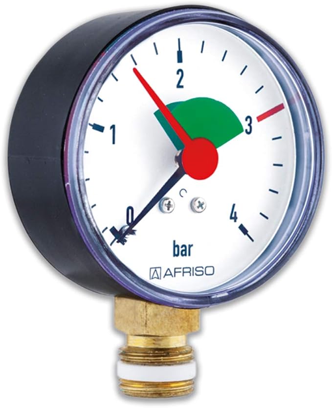 RohrfederManometer für Heizung/Sanitär Radial, Afriso, Ø63mm, DN8 (1/4"), 3bar Markierung