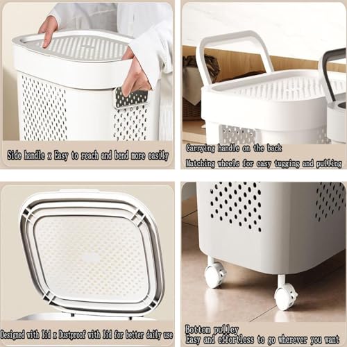 SLEEPHEAD®Laundry Basket with Wheels, Hand-Held Laundry Basket with Lid, Plastic Laundry Hamper Storage Bucket with Mini Basket, for Kitchen Bedroom Bathroom Closet(White) (white)