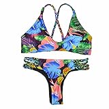 Bikini Factory Women Sexy Floral Print Cross Braided Halter Thong Bikini Swimsuit