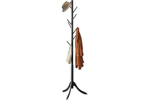 FURSHUS Coatrack 8 Standing Bamboo Coat Rack Hat Hanger 8 Hook for Jacket, Purse, Scarf Rack, Umbrella Tree Stand (Black)