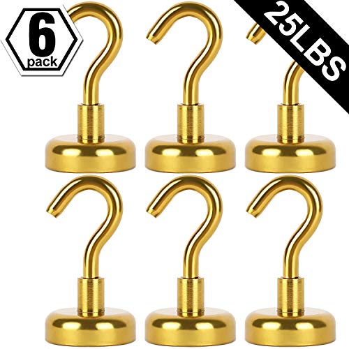 AmHoo Strong Magnetic Hooks Heavy Duty for Indoor Outdoor Kitchen Refrigerator Grill Tools Door Coat Hook Grill Utensils Metal Hanger (Gold,6PCS, 25 LBS)