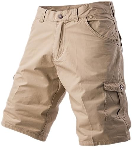 Mens Regular Fit Pleat Front Cargo Shortsfor men solid color-Khaki-36
