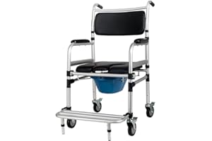 Multifunctional Portable Commode with Wheel and Foldable. Can be Used as Bedside, Shower or Transport Chair with Wheels. Wate