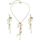 WCRAZYE Lily of the Valley Necklace Earring Sets for Women Long Tassel Dangle Earrings Freshwater Pearl White Fairy Flower Leaf Earring