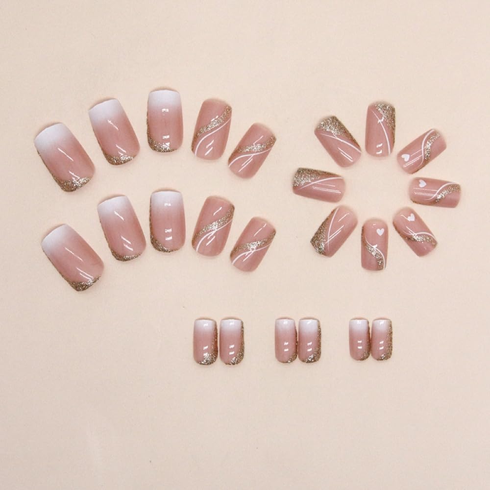 24 Pcs Nude Pink Press on Nails Medium Square - YEFIUO Glitter Fake Nails with Gold Swirl Designs Glue on Nails for Women Full Cover Glitter Sequins Acrylic Artificial False Glue on Nail for Festival - Image 4