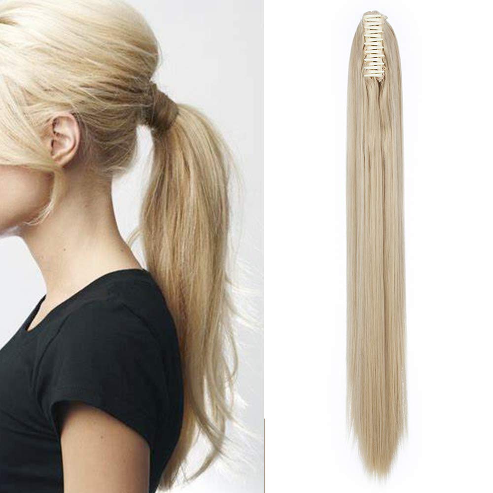 Silk-co 26" Claw on Ponytail Hairpiece Clip in Pony Tail Hair Extensions Wrap around Bonding Hairpieces Straight(Blond&Bleach Blond)