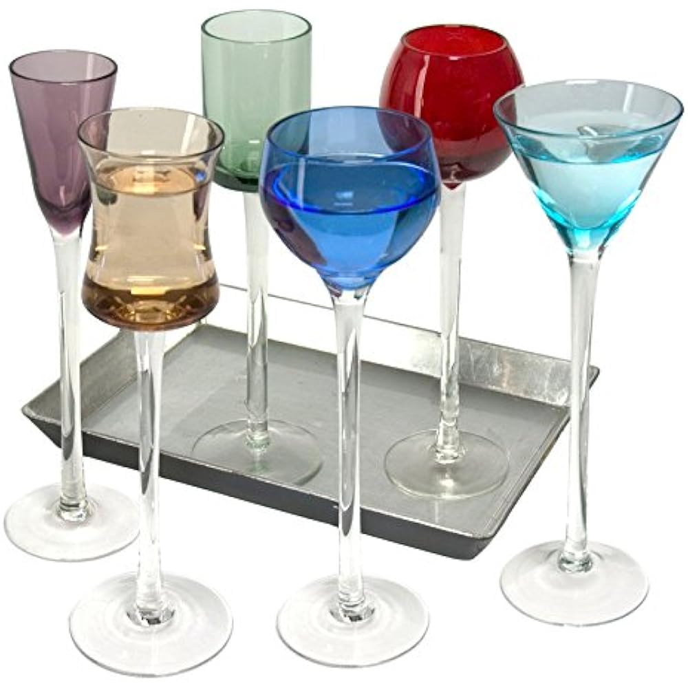 Coloured Cordial Glasses Glass, Funky 7 Piece Long Stem Liqueur Set