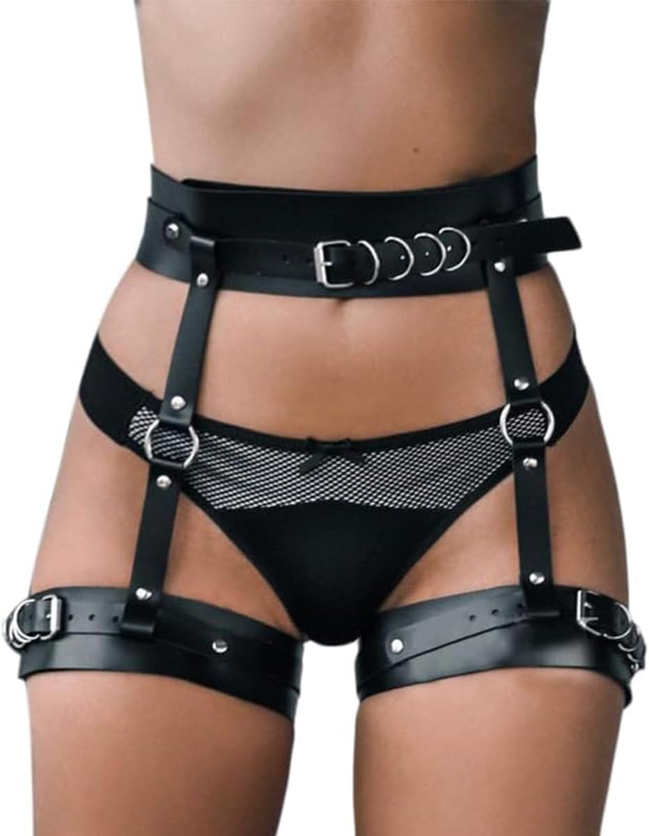 Women's Punk Leather Leg Harness Gothic Garter Belt for Women Leg Harness Thigh Holster Punk Gothic Bondage Costumes Harness SM Leather Waist and Leg Straps