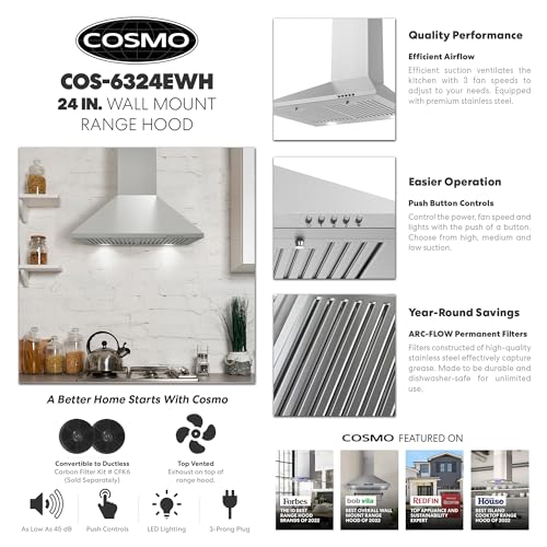 COSMO COS6324EWH Wall Mount Range Hood, ChimneyStyle Over Stove Vent