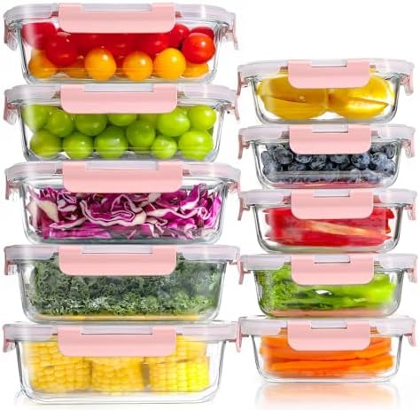 Set 10 Contenitori Vetro per Alimenti con Coperchi Ermetici, Senza BPA, Adatti a Microonde, Forno, Frigo e Congelatore, per Meal Prep, Rosa
