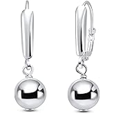 Sterling Silver Earrings for Women 8mm Diamond-cut or Shiny Ball Bead Drop Leverback Dangle Earring Fashion Trendy