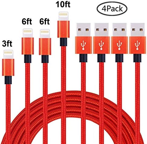 iPhone Cable Awengu,4Pack 3FT 6FT 6FT 10FT Nylon Braided Cord Lightning Cable Certified to USB Charging Charger for iPhone 7,7 Plus,6S,6 Plus,SE,5S,5,iPad,iPod Nano 7 - Red ((3+6+6+10ft)Red)