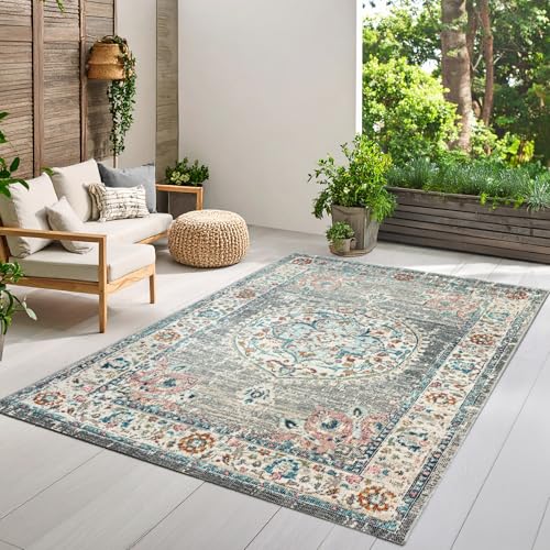 the carpet Palma - Outdoor Teppich wetterfest – Balkon Teppich, Terrasse & Garten – UV-beständig, pflegeleicht, Indoor Outdoor Teppich, Grau-Orient, 1