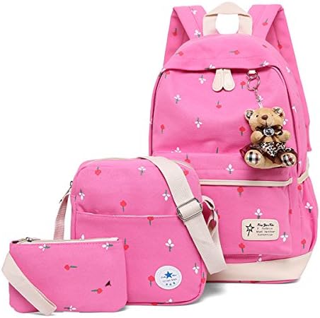 Durable Canvas Girls School Backpack - Fashion Rucksack 3 PCS Set Including Cross Body Bag, Pencil Case/Purse (Rose Red)