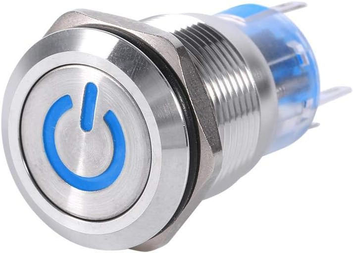 Waterproof Push Button Switch, 12V Car Switch 19mm Blue LED Latching Switch for Automotive Motorcycle
