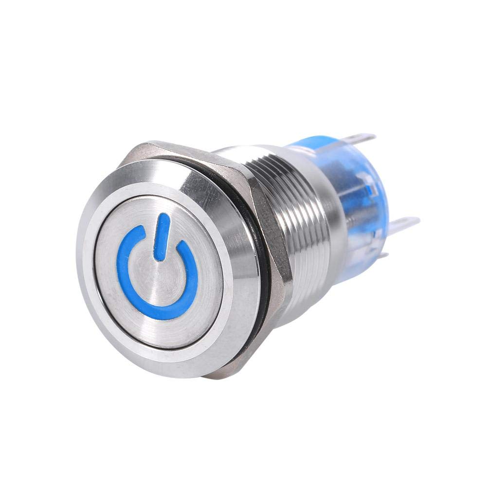 Waterproof Push Button Switch, 12V Car Switch 19mm Blue LED Latching Switch for Automotive, Motorcycle, Outdoor Equipment and Industrial Machinery