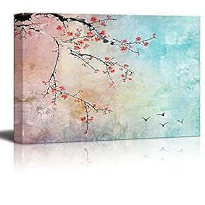 Beautiful Watercolor Illustration of Cherry Blossoms and Birds in The Sky - Canvas Art Home Art - 12x18 inches