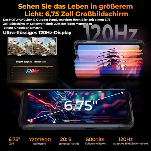 HOTWAV Cyber 17 Outdoor Mobile Phone 2026, 16GB + 128GB/2TB, Android 16 Outdoor Smartphone Without Contract, 48MP + 16MP, 6200mAh, 6.75 Inch 120Hz, IP69K Waterproof, Gemini AI, NFC/Fingerprint/Face ID | Outdoor Smartphone Ohne Vertrag 48MP+16MP, 6200mAh, IP69K Wasserdicht, Gemini AI, NFC/Fingerprint/Face ID/Dual SIM/GPS/OTG