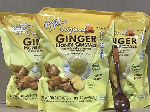Prince of Peace Ginger Honey Crystals 18.9oz (30 sachets) With FREE Natural Wooden Spoon By KC Commerce (Pack of 3)