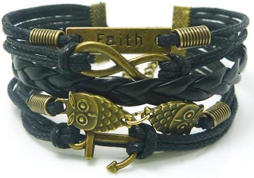 Beautiful Owl Bracelet With Infinity Love, Anchor and Faith Charms
